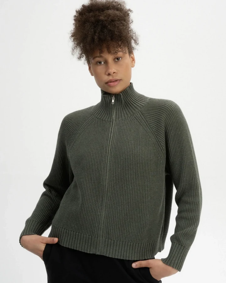 MELA Damen vegan Strickjacke Rippe Kamuka Grün Melange