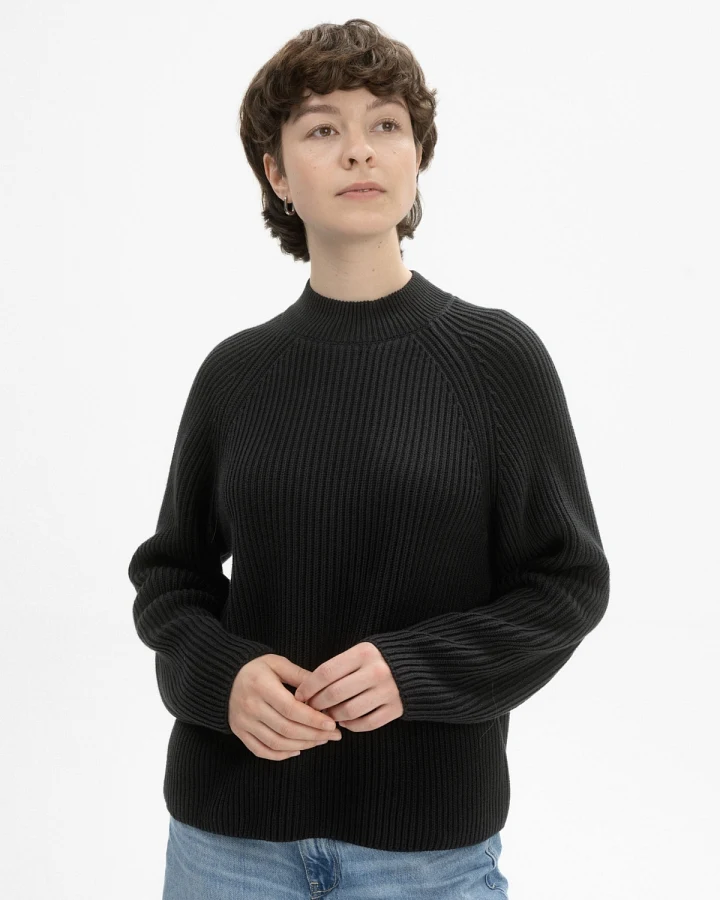 MELA Damen vegan Strickpullover Rippe Stand Up Kragen Analah Schwarz