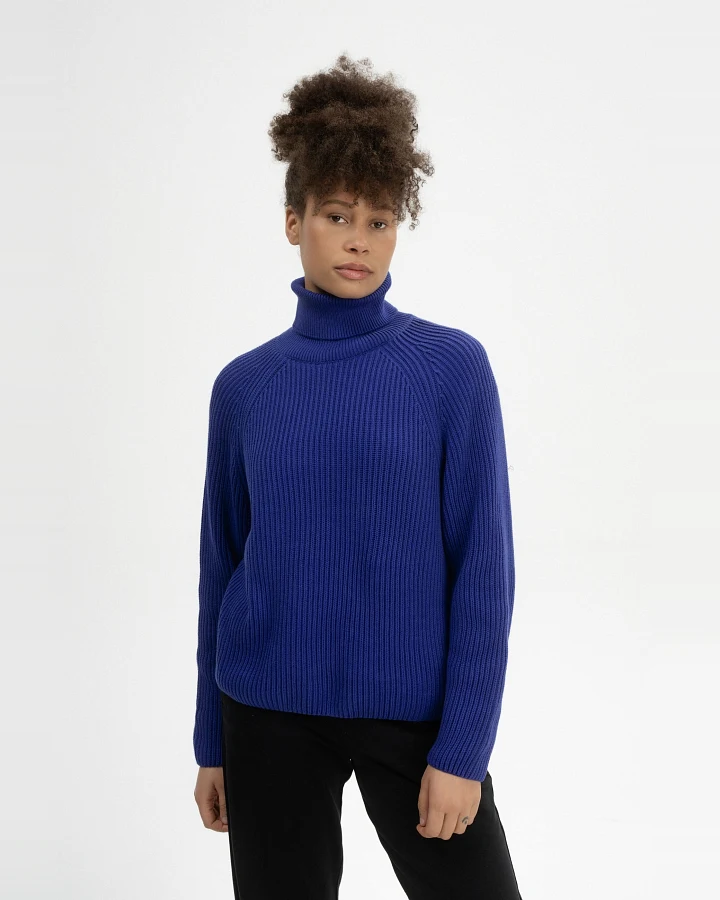 MELA Damen vegan Strickpullover Rippen-Rollkragen Chirha Bold Blue