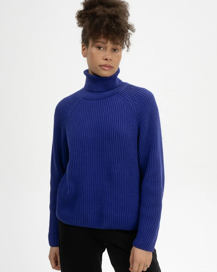 MELA Damen vegan Strickpullover Rippen-Rollkragen Chirha Bold Blue