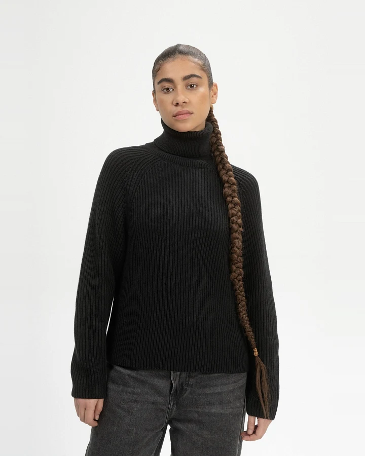 MELA Damen vegan Strickpullover Rippen-Rollkragen Chirha Schwarz