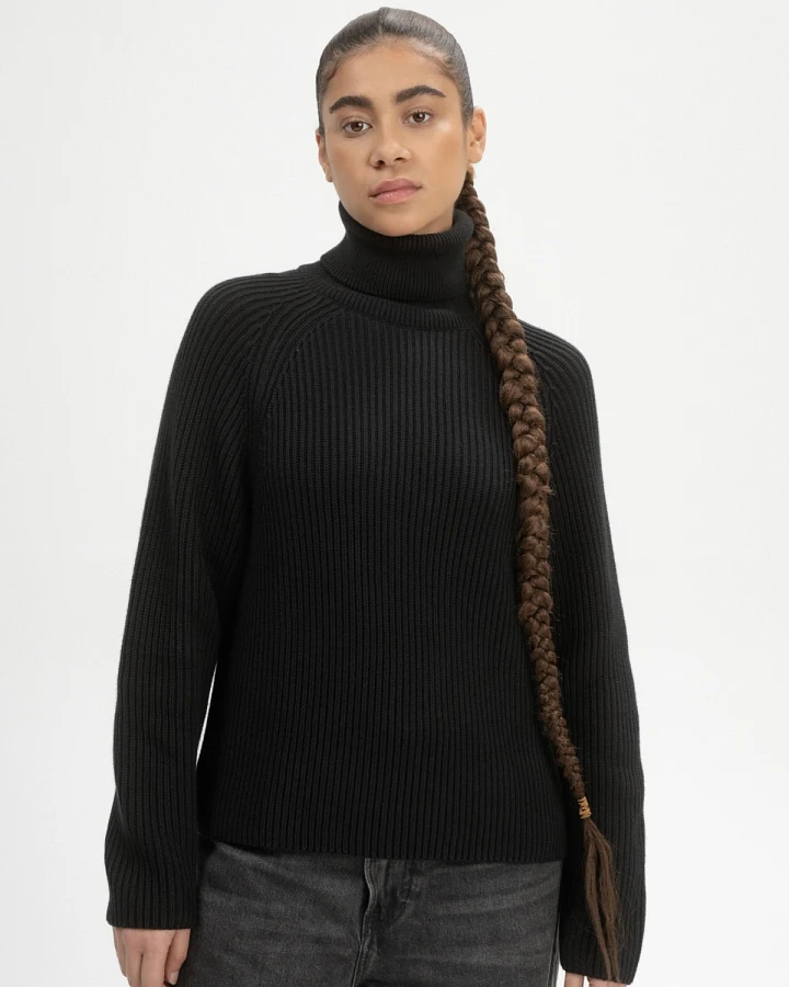 MELA Damen vegan Strickpullover Rippen-Rollkragen Chirha Schwarz