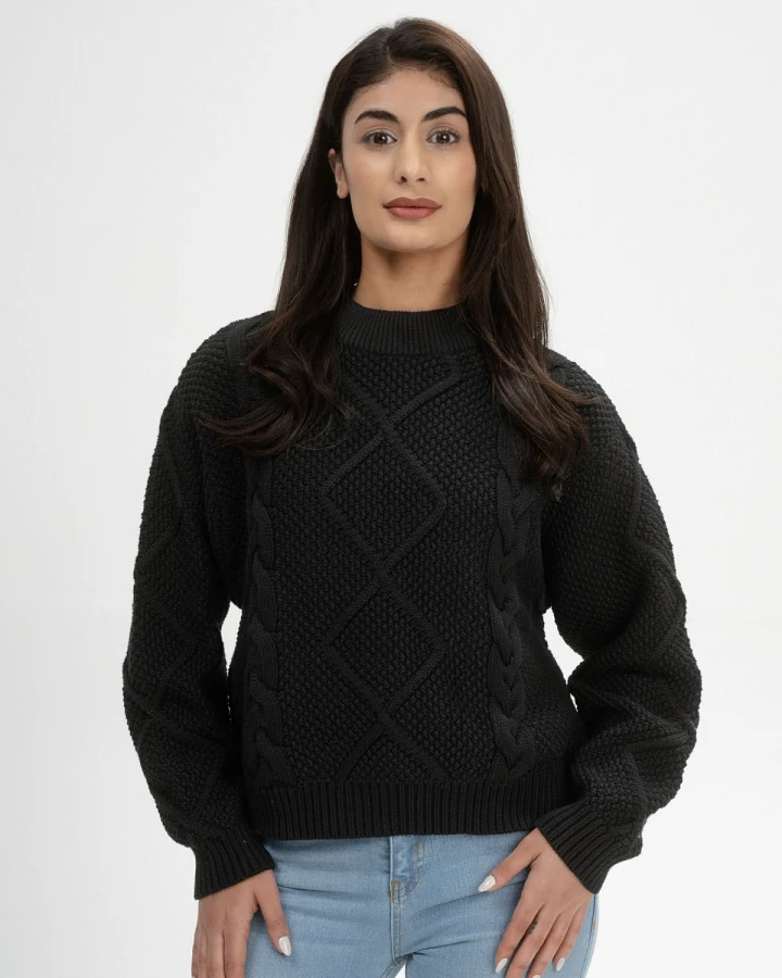 MELA Damen vegan Strickpullover Cable Samaira Schwarz