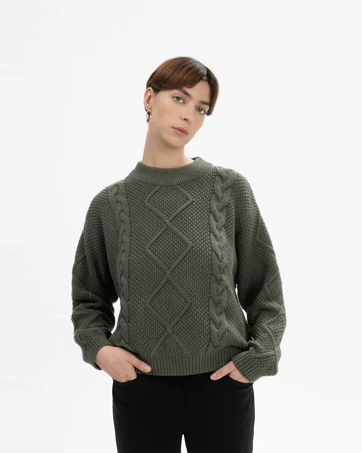 MELA Damen vegan Strickpullover Cable Samaira Grün Melange