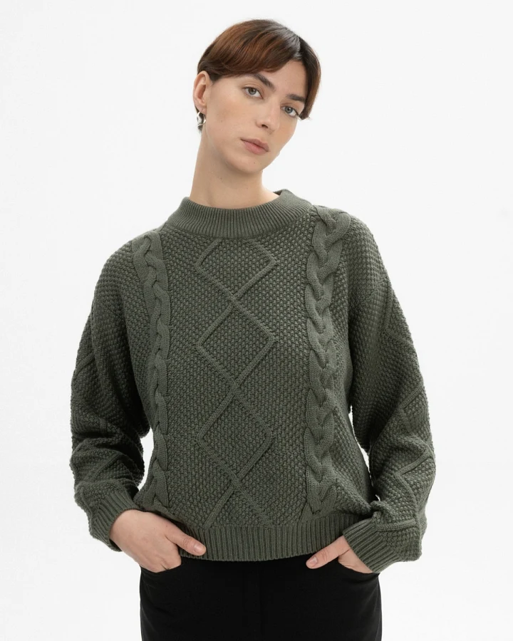 MELA Damen vegan Strickpullover Cable Samaira Grün Melange
