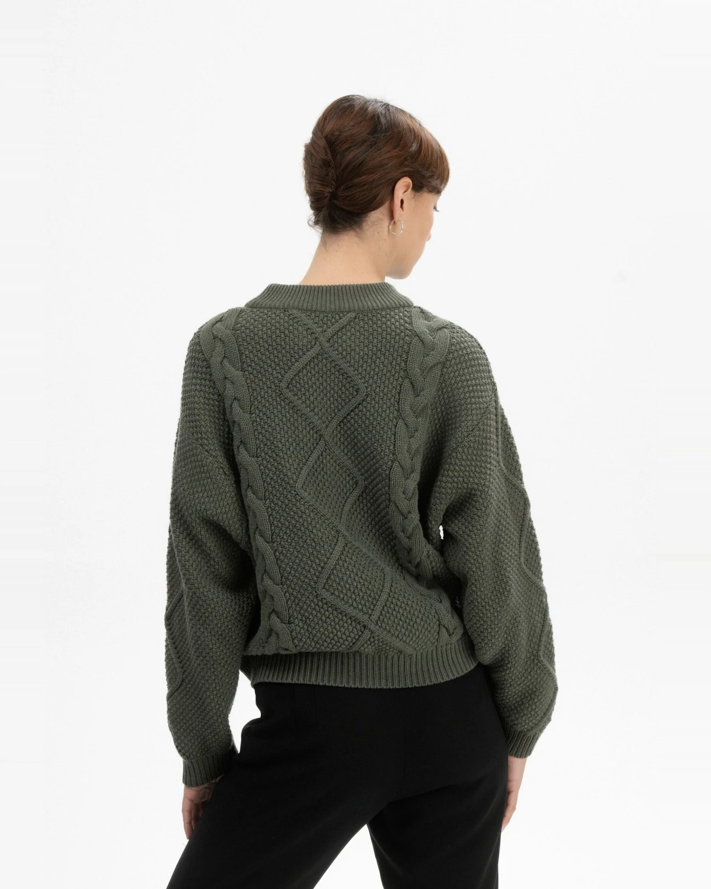 MELA Damen vegan Strickpullover Cable Samaira Grün Melange – Ansicht 2