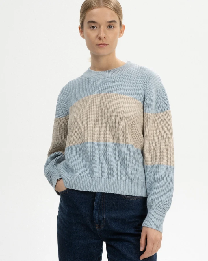 MELA Damen vegan Strickpullover Rib Adah Stripes Wolkenblau/Kieselmelange