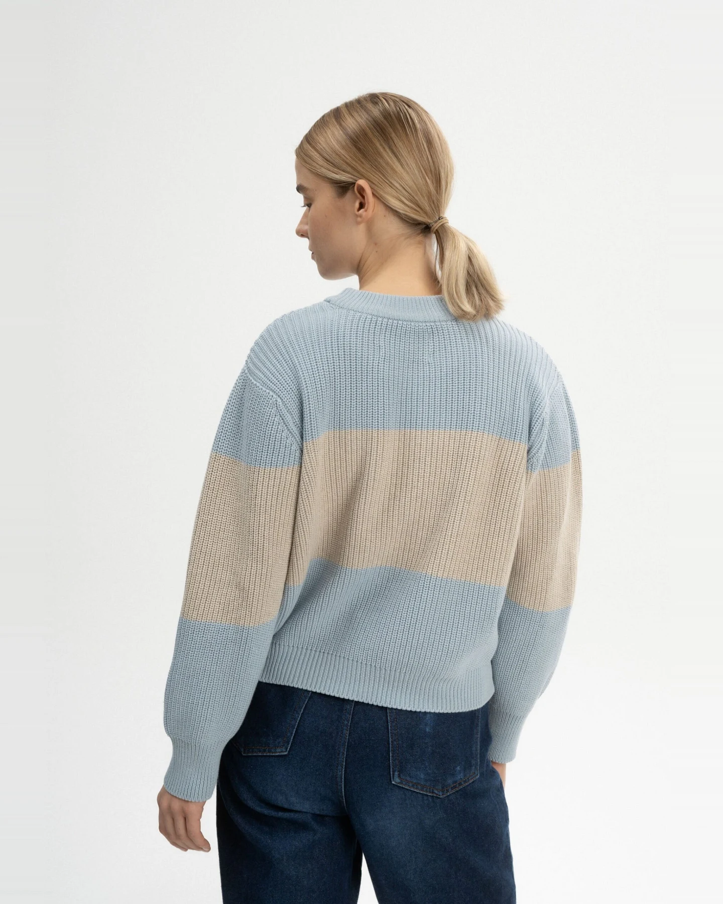 MELA Damen vegan Strickpullover Rib Adah Stripes Wolkenblau/Kieselmelange – Ansicht 2