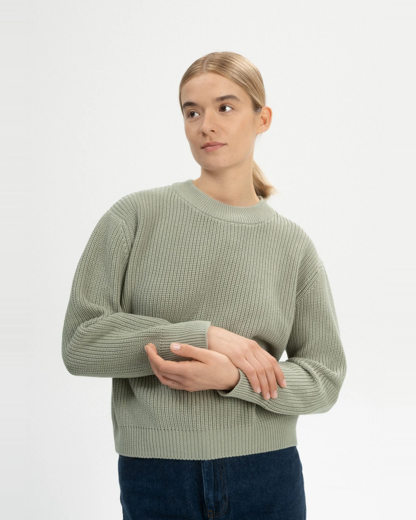 MELA Damen vegan Strickpullover Rippe Adah Grüner Lehm – Ansicht 2