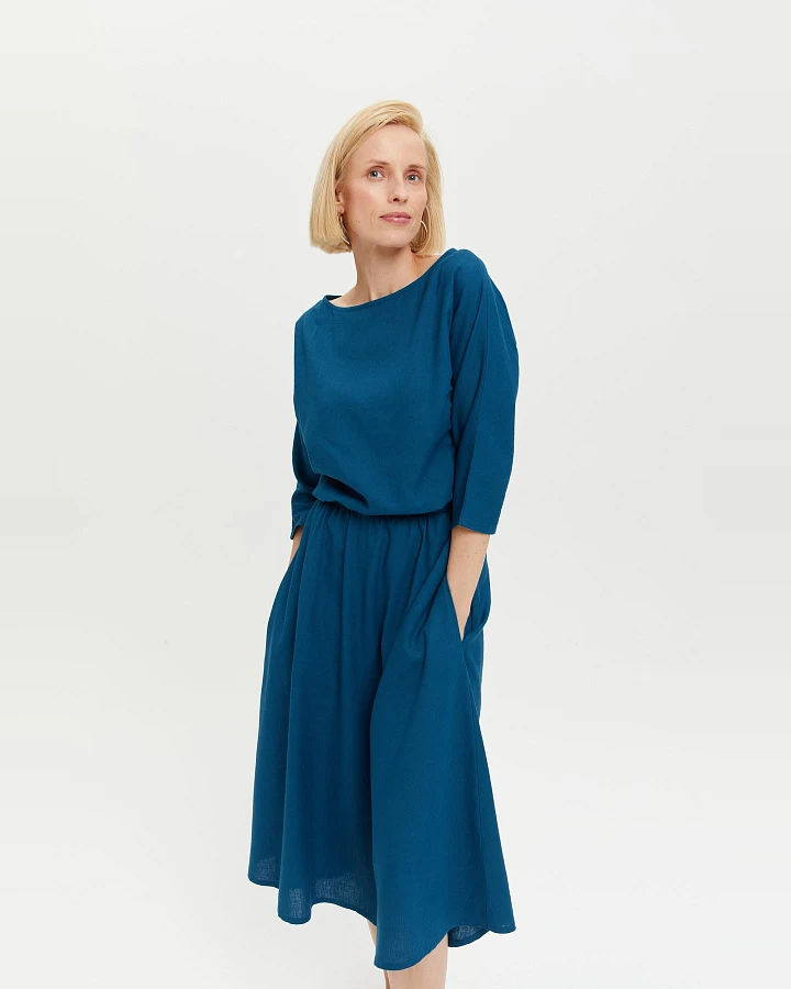 AYANI Damen vegan Kleid Nane Langarm Petrol Blau