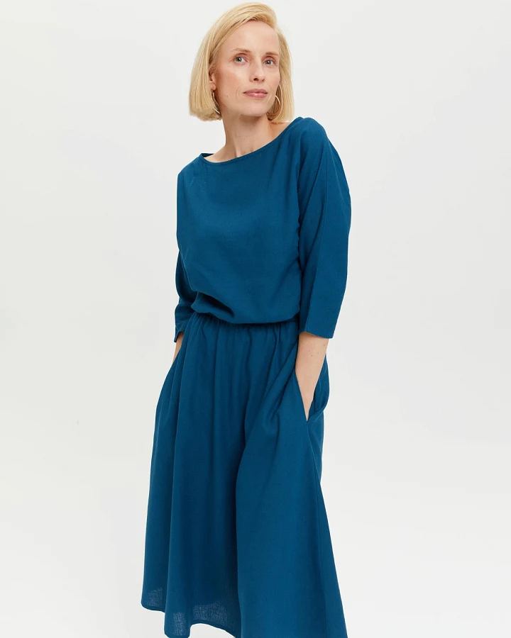 AYANI Damen vegan Kleid Nane Langarm Petrol Blau