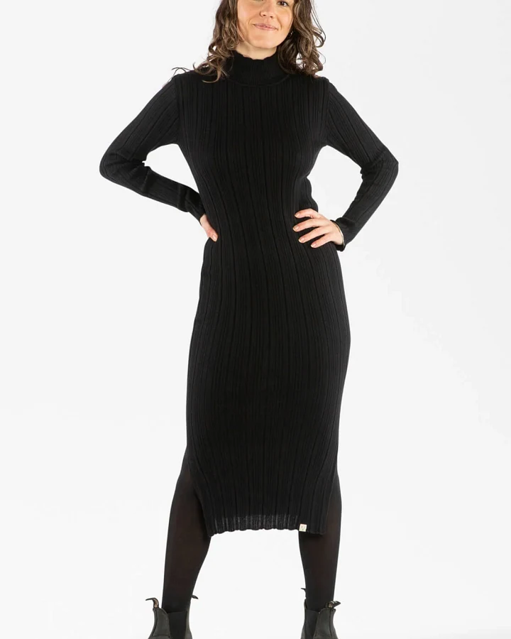 MATONA Damen vegan Kleid Gerippt Onyx Schwarz