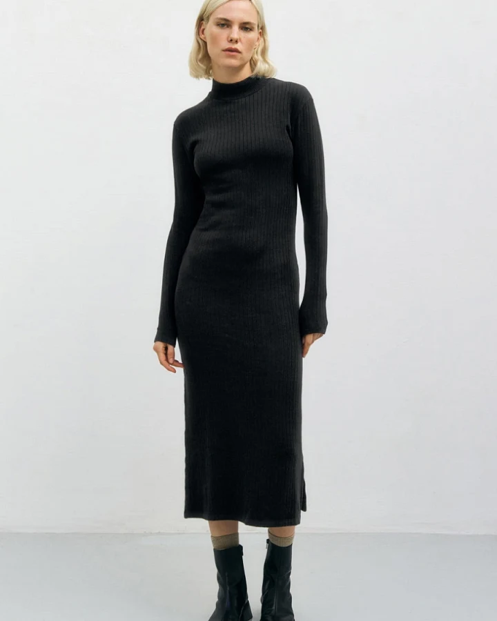 Rotholz Damen vegan Kleid Mockneck Gerippt Schwarz