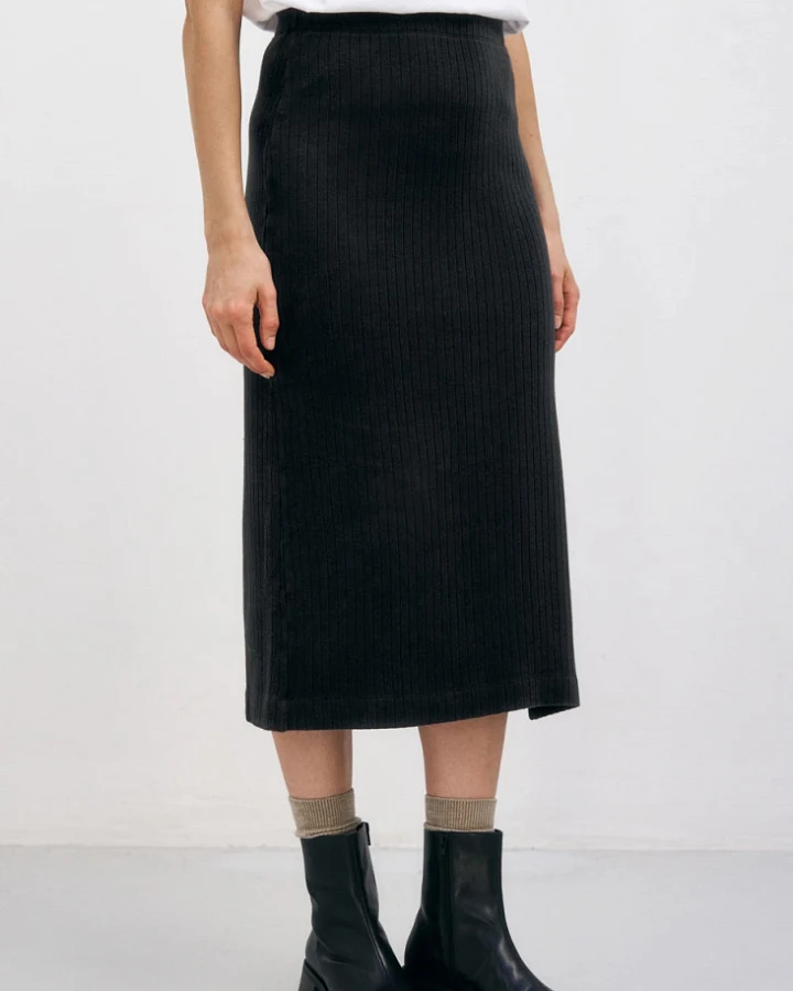 Rotholz Damen vegan Midirock Gerippt Schwarz
