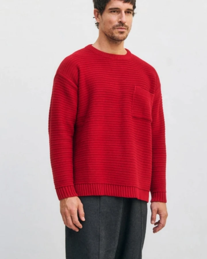Rotholz Herren vegan Strickpullover Gerippt Hellrot
