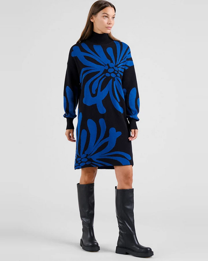 DEDICATED Damen vegan Kleid Nikkala Big Flower Schwarz Blau