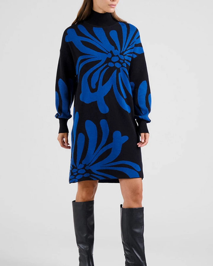 DEDICATED Damen vegan Kleid Nikkala Big Flower Schwarz Blau