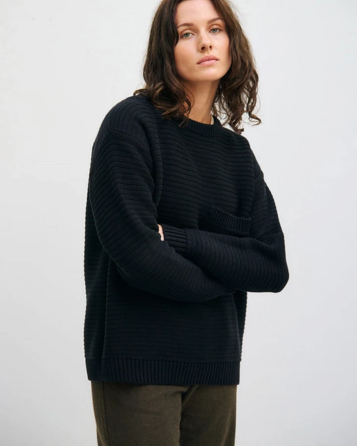 Rotholz Damen vegan Strickpullover Gerippt Schwarz
