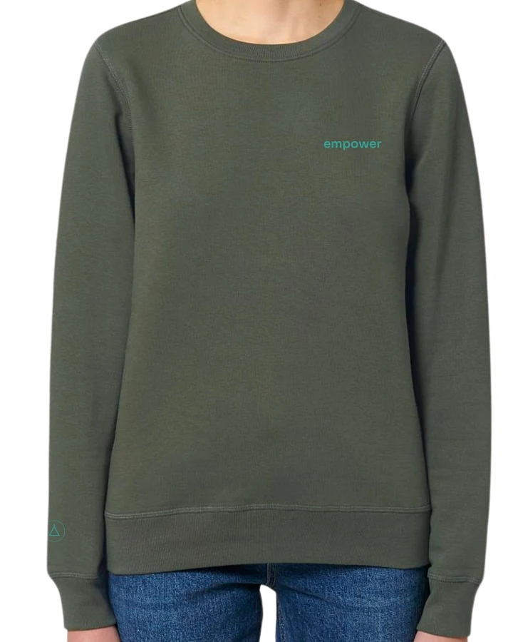 Inaska Damen vegan Pullover Unisex Statement Empower Khaki Türkis