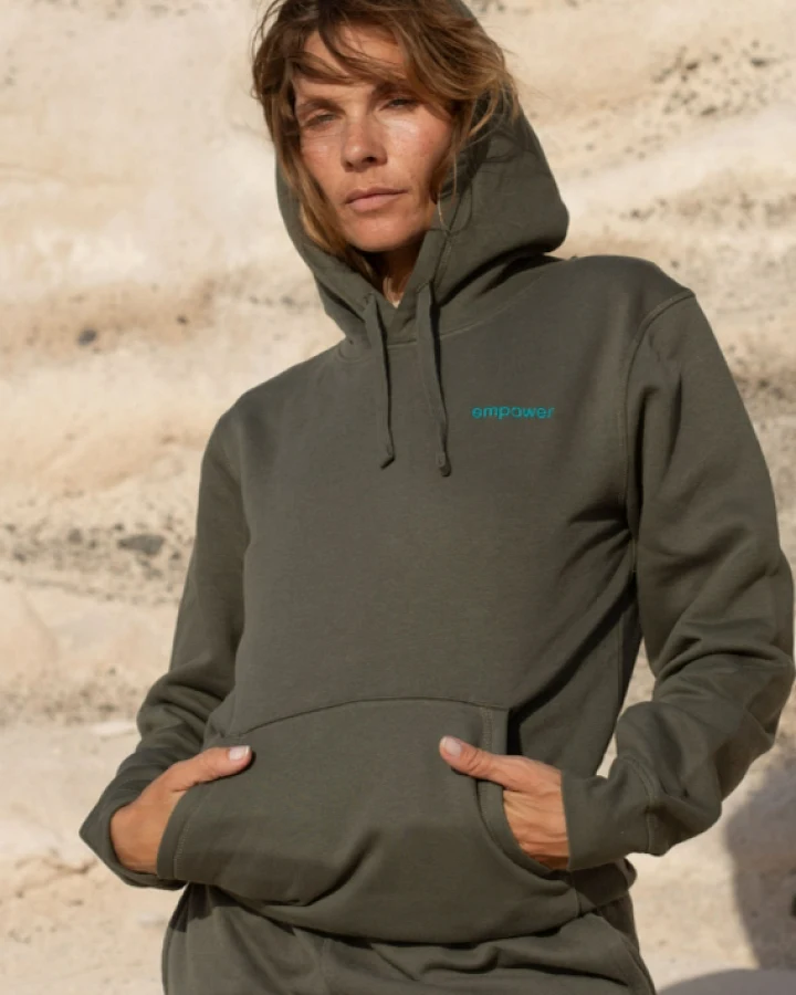Inaska Damen vegan Hoodie Unisex Empower Khaki Türkis