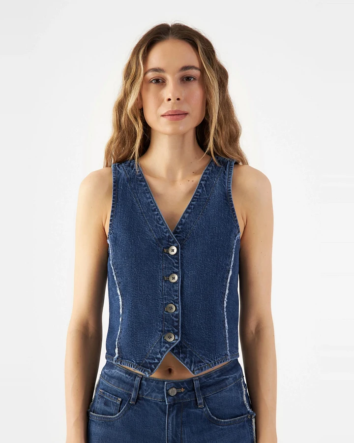 Dawn Damen vegan Weste Denim Astra Ausgefranst Dunkelblau