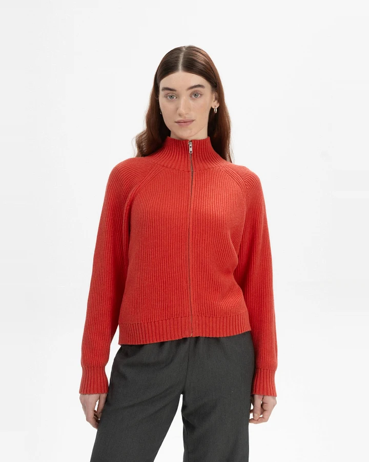 MELA Damen vegan Strickjacke Rippe Kamuka Roter Apfel Melange