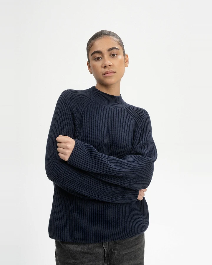 MELA Damen vegan Strickpullover Rippe Stand Up Kragen Analah Navy