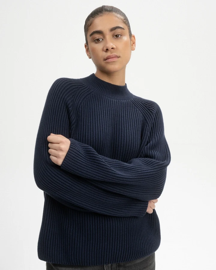 MELA Damen vegan Strickpullover Rippe Stand Up Kragen Analah Navy