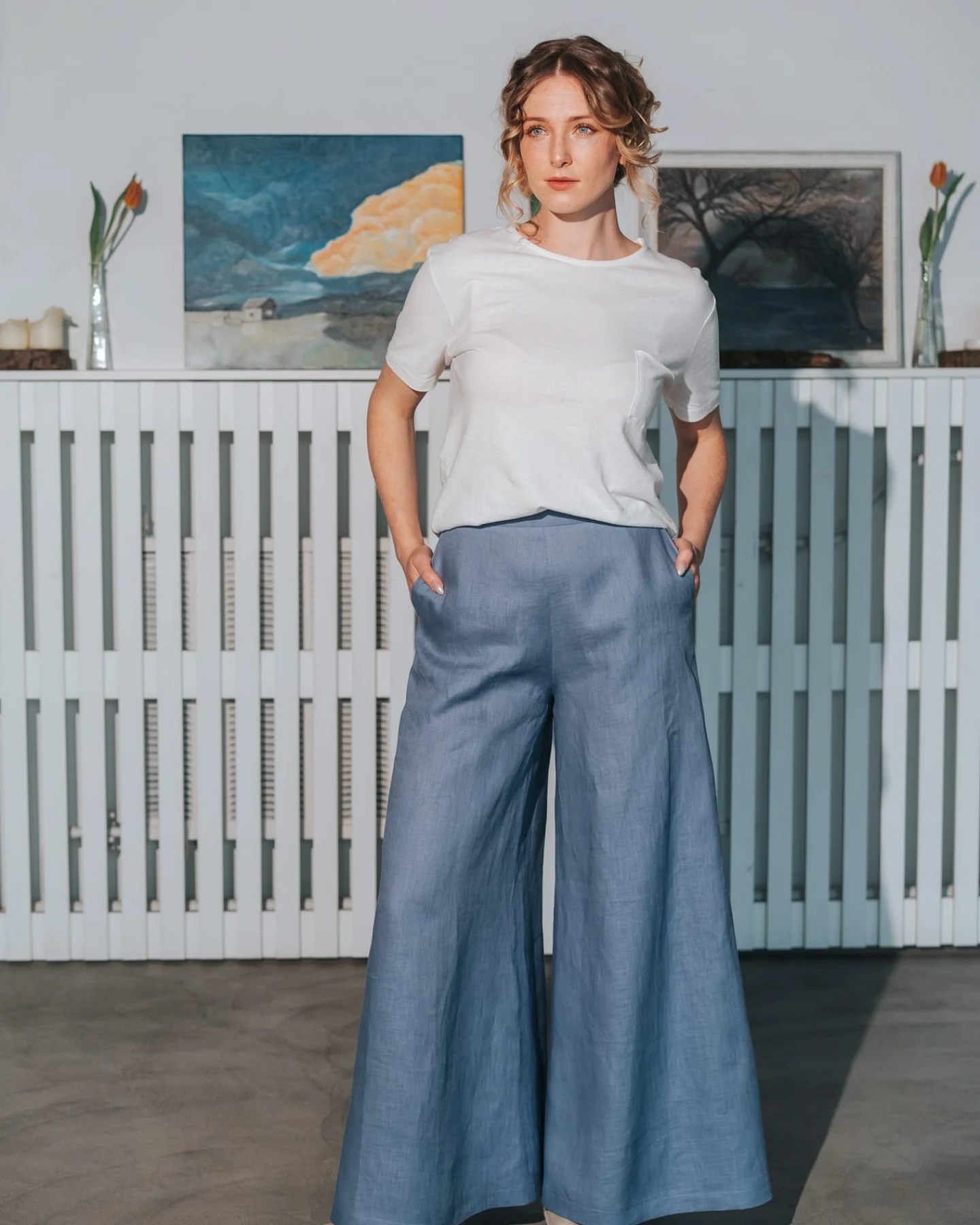 De IONESCU Damen vegan Hose Palazzo Leinen Staubig Blau – Ansicht 2