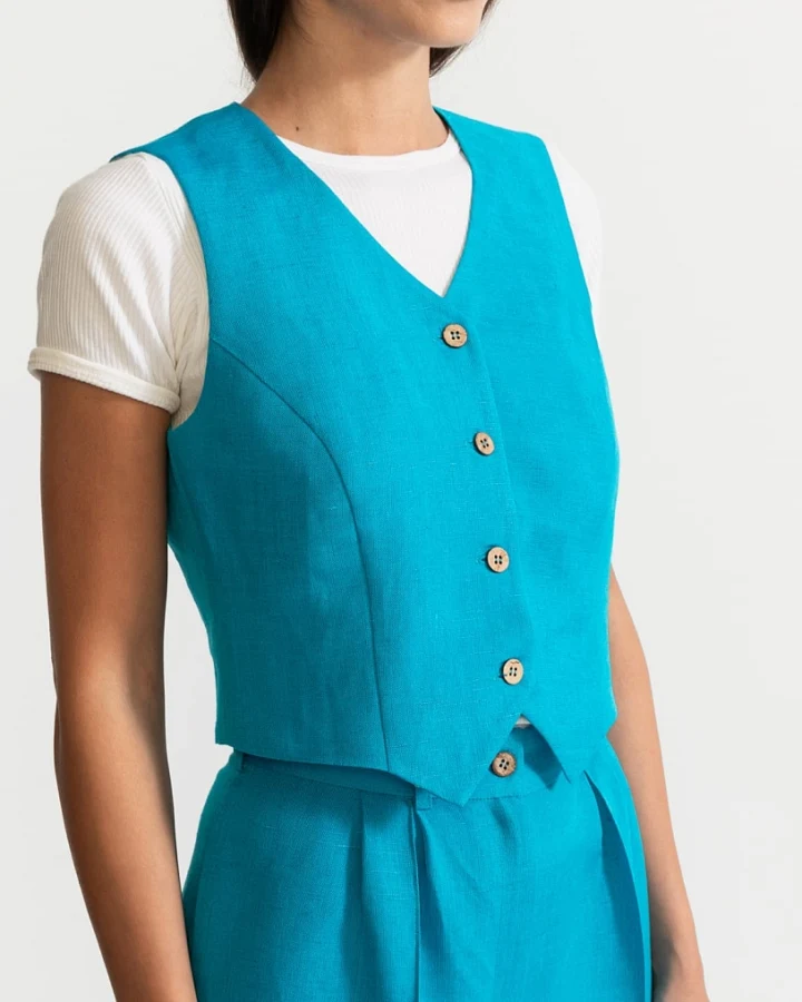 De IONESCU Damen vegan Weste Figa Leinen Azurblau