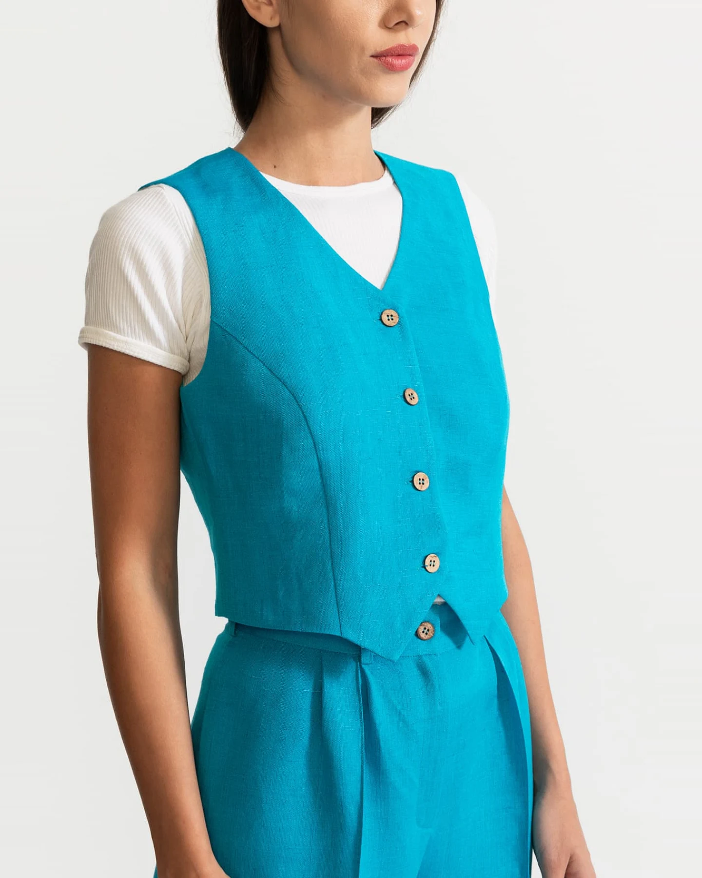 De IONESCU Damen vegan Weste Figa Leinen Azurblau – Ansicht 2