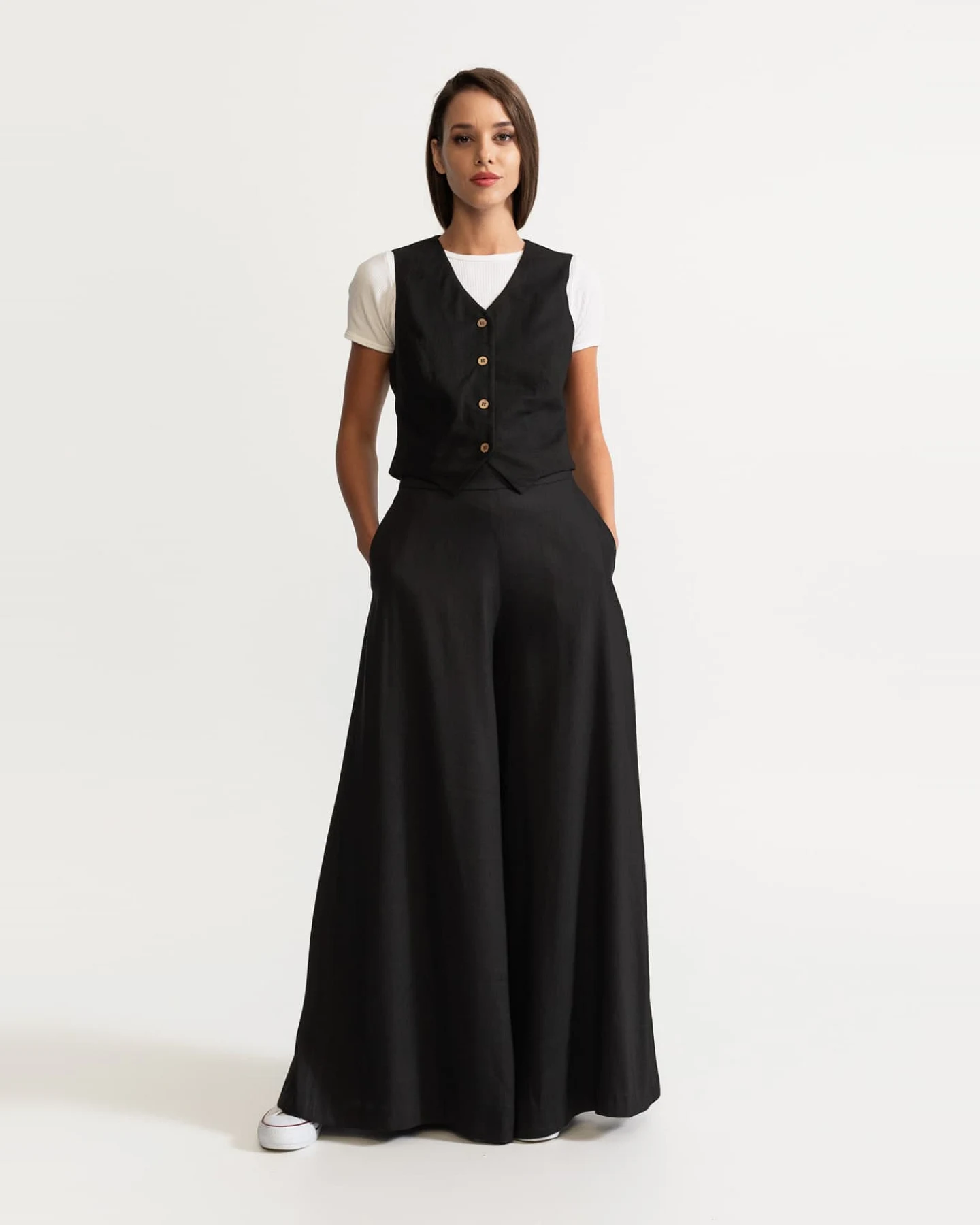 De IONESCU Damen vegan Hose Palazzo Leinen Schwarz – Ansicht 2