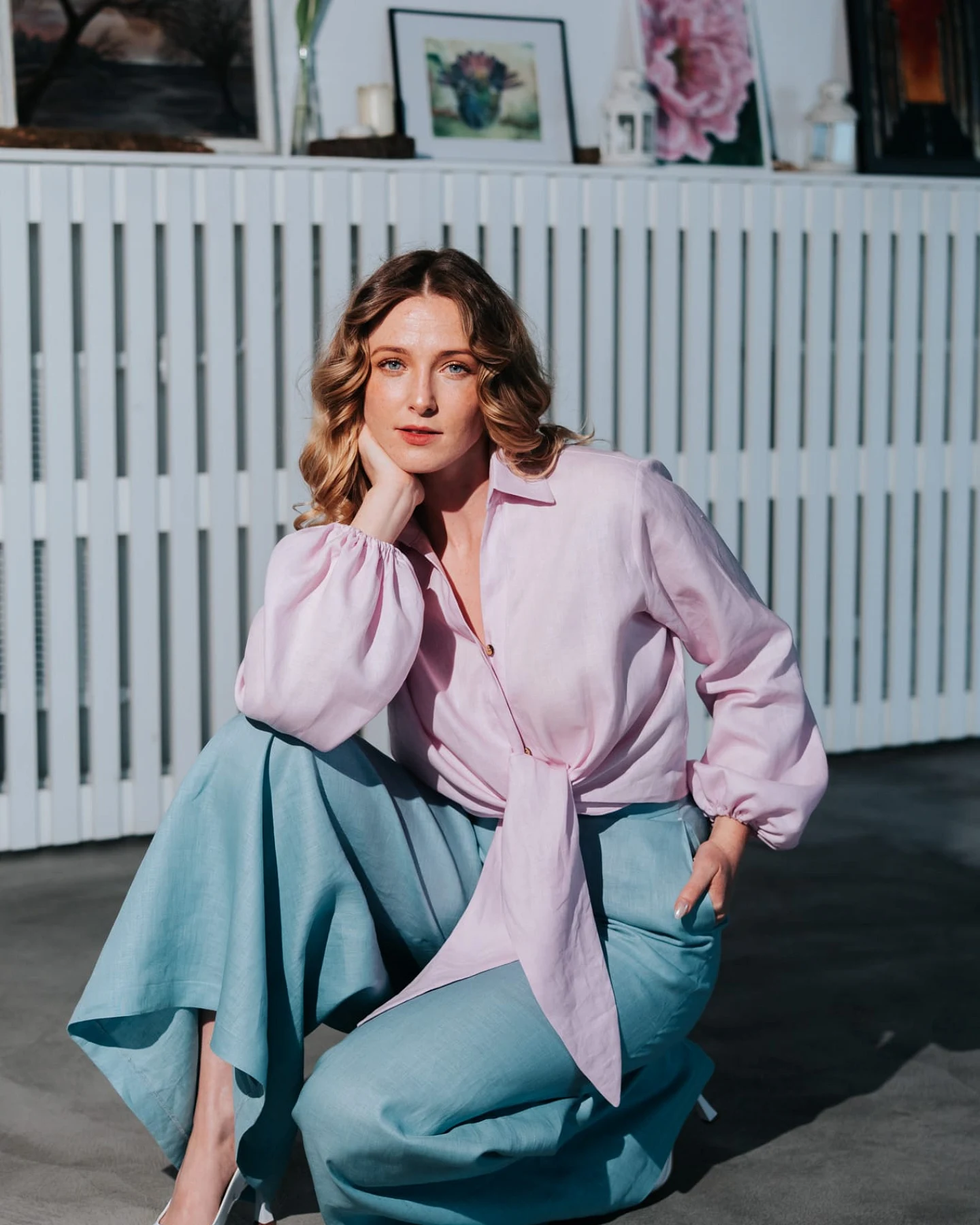 De IONESCU Damen vegan Hose Palazzo Leinen Aqua – Ansicht 2