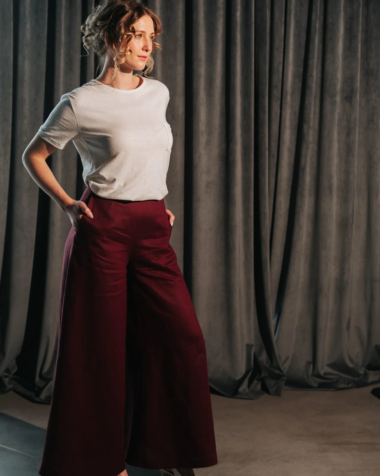 De IONESCU Damen vegan Hose Palazzo Leinen Bordeaux – Ansicht 2
