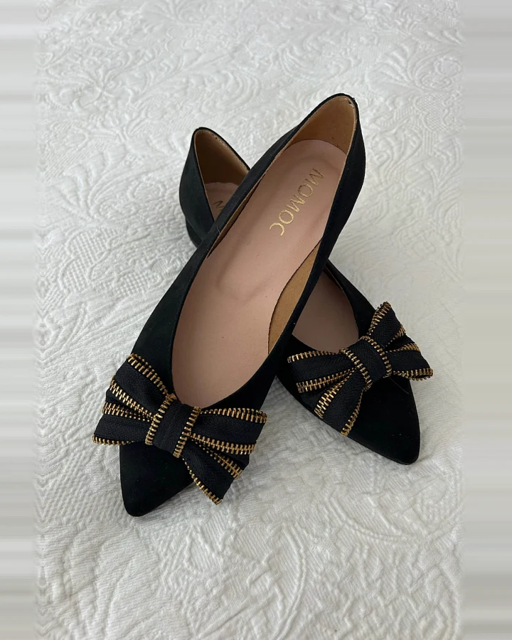 Momoc Damen vegan Ballet Flats Ribbon Zipper Schwarz