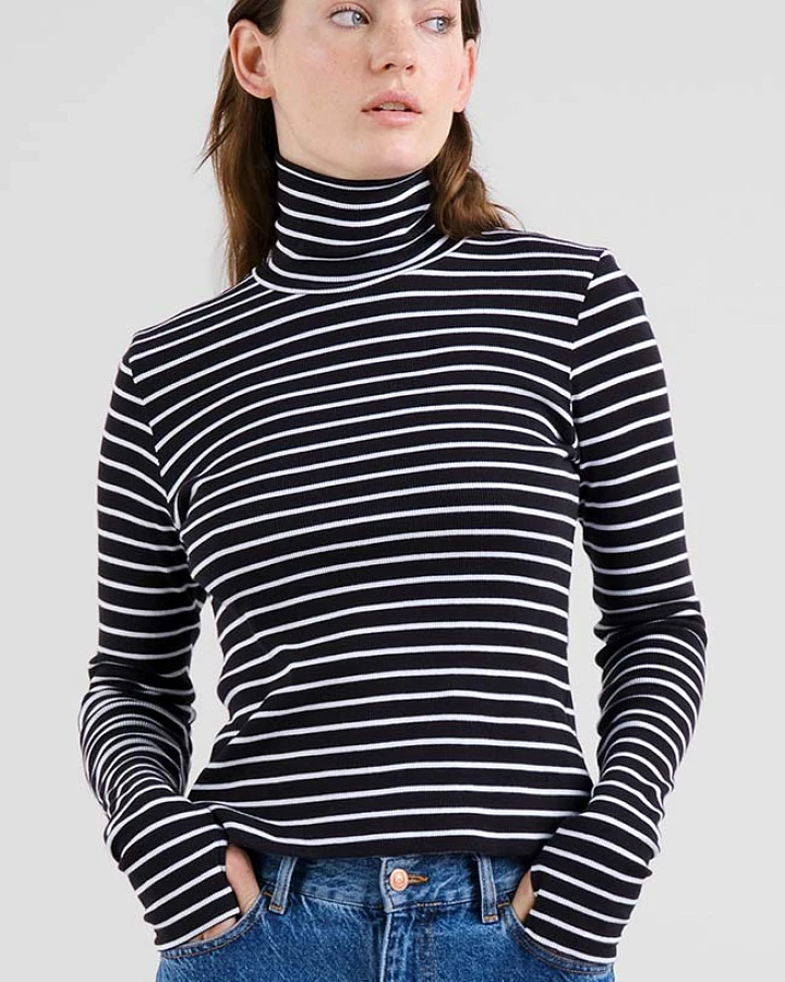DEDICATED Damen vegan Rollkragenpullover Malma Gestreift Schwarz/Weiß