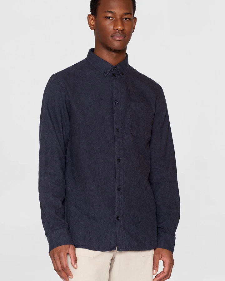 KnowledgeCotton Apparel Herren vegan Hemd Flanell Regular Melange Total Eclipse Navy