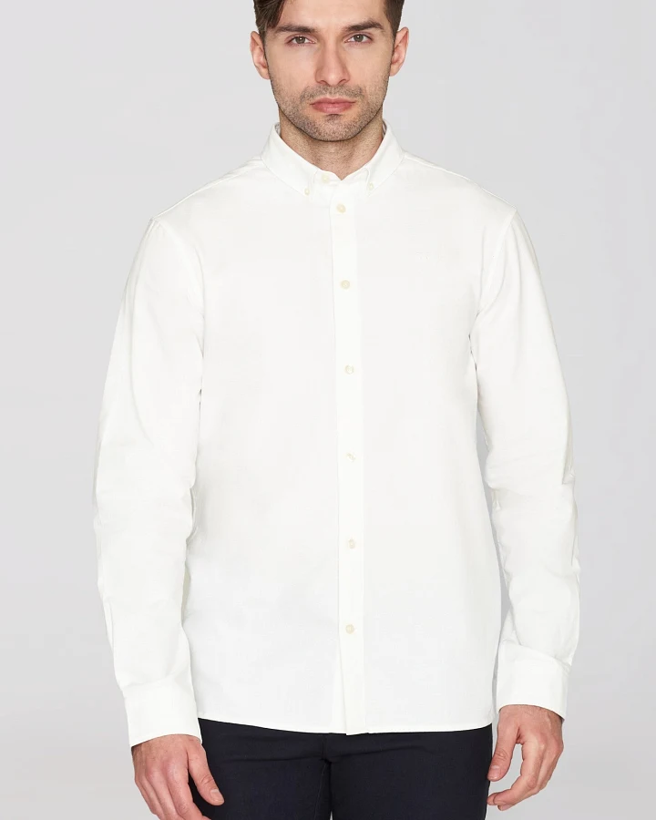 KnowledgeCotton Apparel Herren vegan Hemd Oxford Harald Small Owl Bright White