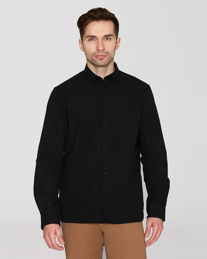 KnowledgeCotton Apparel Herren vegan Hemd Oxford Harald Small Owl Black Jet