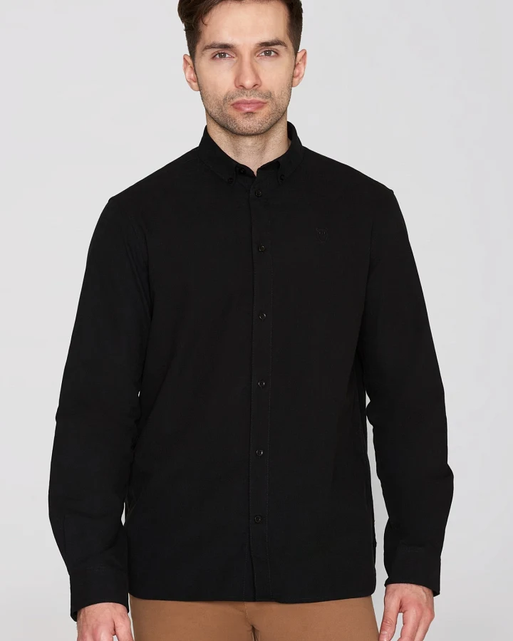 KnowledgeCotton Apparel Herren vegan Hemd Oxford Harald Small Owl Black Jet