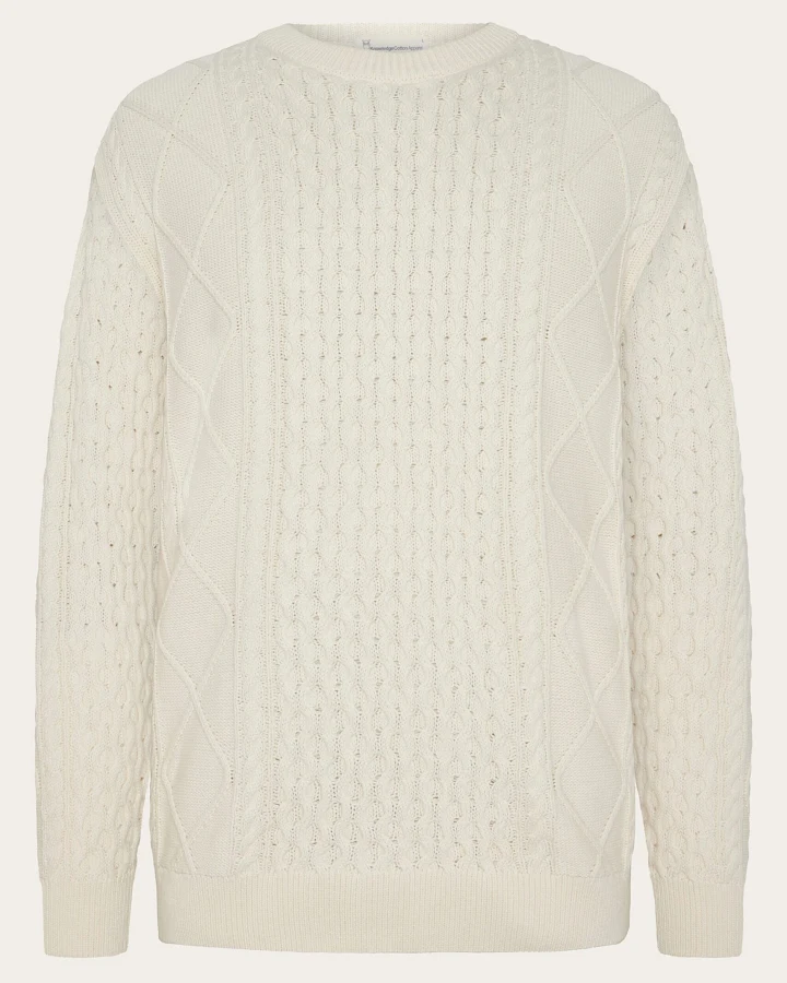 KnowledgeCotton Apparel Herren vegan Strickpullover Kabelreiher Weiß