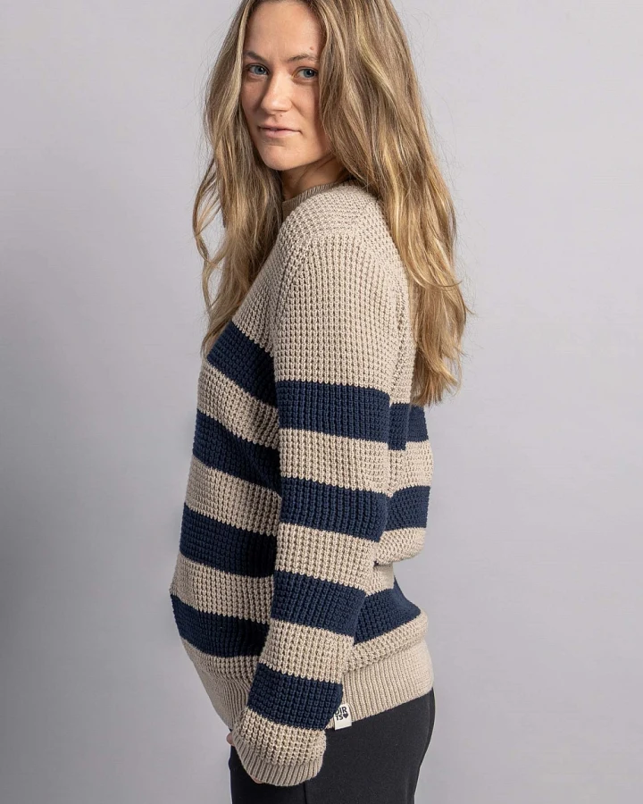 DIRTS Herren vegan Strickpullover Mit Rundhalsausschnitt Gestreift Navy/Desert Beige