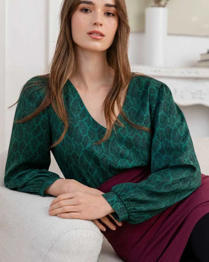 WiDDA Damen vegan Bluse Lubo Mit Blattdruck Petrol