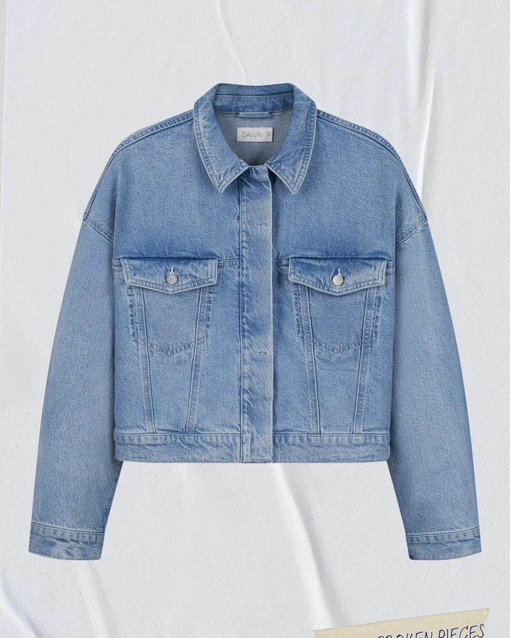 Dawn Damen vegan Denim Jacket Boxy Amara Art On Broken Pieces Hellblau