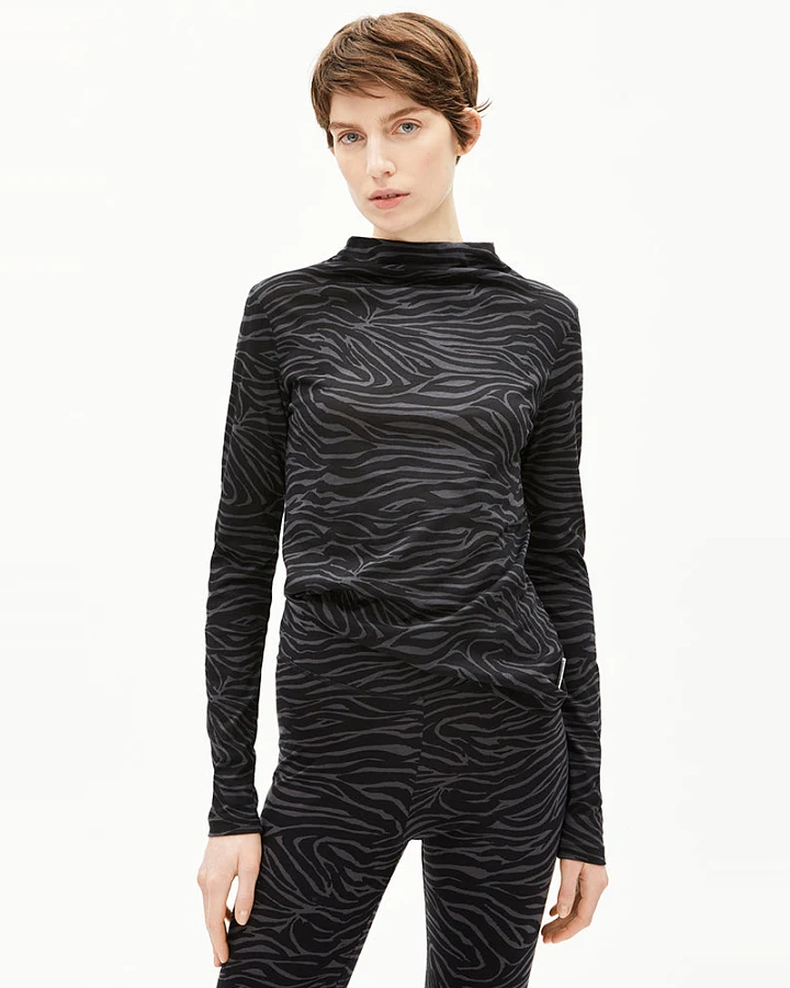 ARMEDANGELS Damen vegan Longsleeve Calunaa Zebra Schwarz/Grau