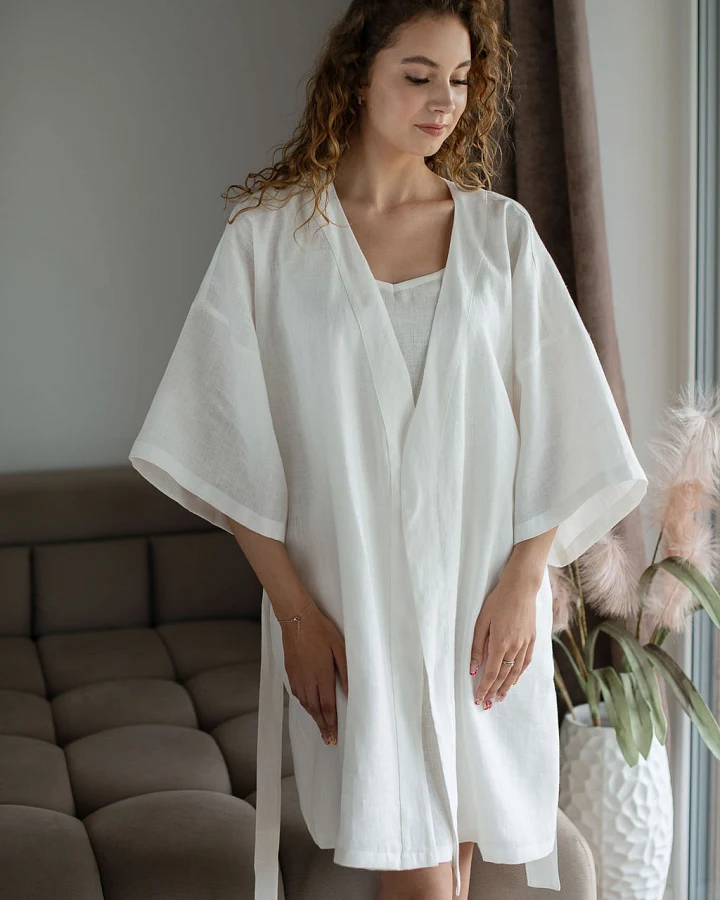 Amber Linen Damen vegan Set Kimono Robe & Nachthemd Weiß