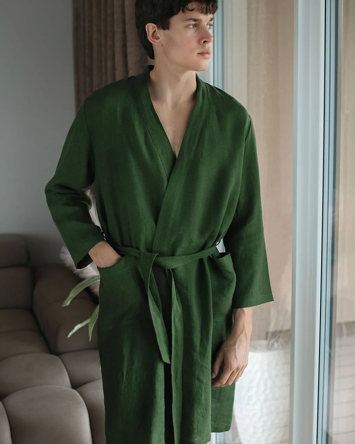 Amber Linen Herren vegan Bademantel Waldgrün