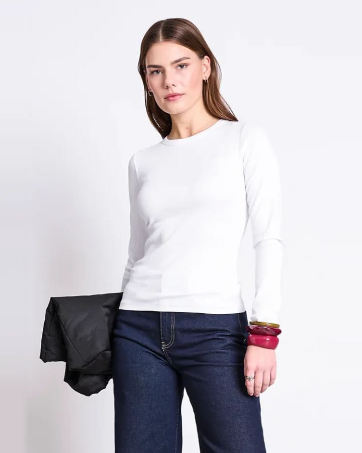 JAN 'N JUNE Damen vegan Longsleeve Rippstrick Rava Weiß