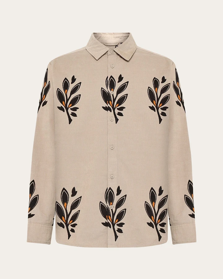 KnowledgeCotton Apparel Herren vegan Hemd Corduroy Sos Bedruckt Beige
