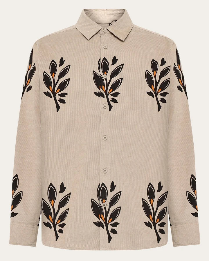 KnowledgeCotton Apparel Herren vegan Hemd Corduroy Sos Bedruckt Beige